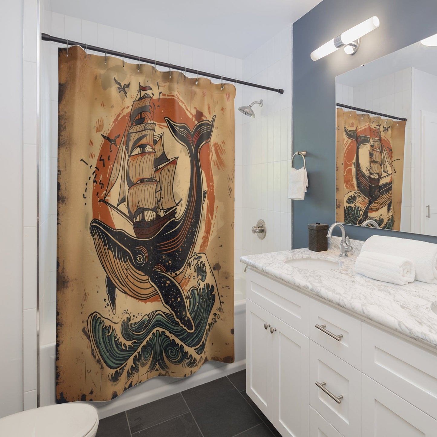Nautical Whale Shower Curtain – Ocean Adventure Decor
