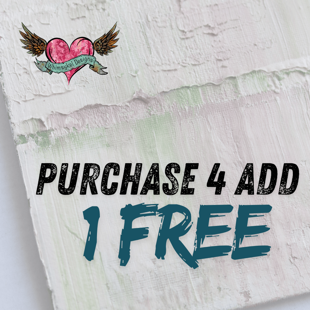 Promotional text 'Purchase 4 Add 1 Free' with a heart and wings graphic on a textured background.