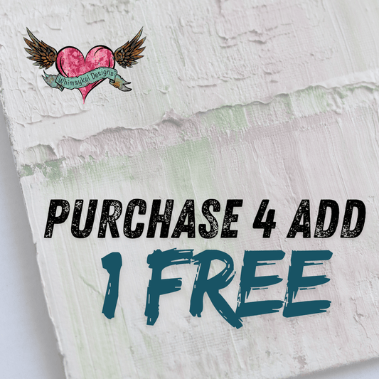 Promotional text 'Purchase 4 Add 1 Free' with a heart and wings graphic on a textured background.